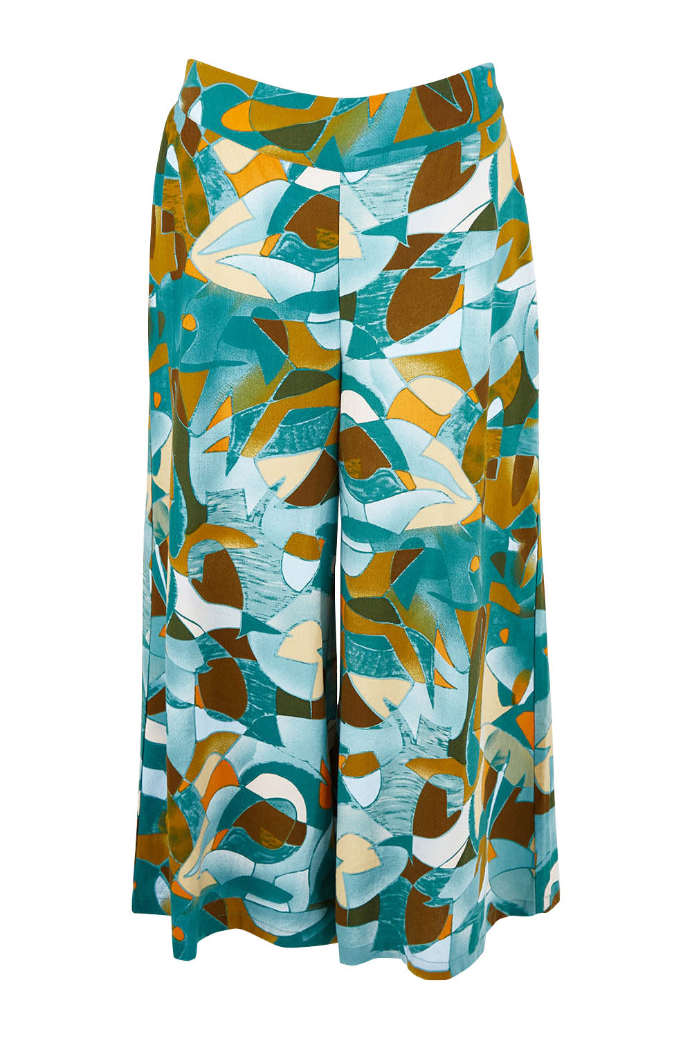 Product shot of the Printed Wide Leg Pant in colour Geometric (Green), from the front