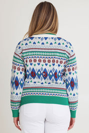 Model Chanel wearing size XL of the V Neck Foxy Jumper in colour Foxygreen (Green), from the back
