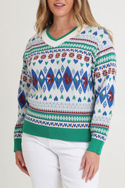Model Chanel wearing size XL of the V Neck Foxy Jumper in colour Foxygreen (Green), from the front, cropped image