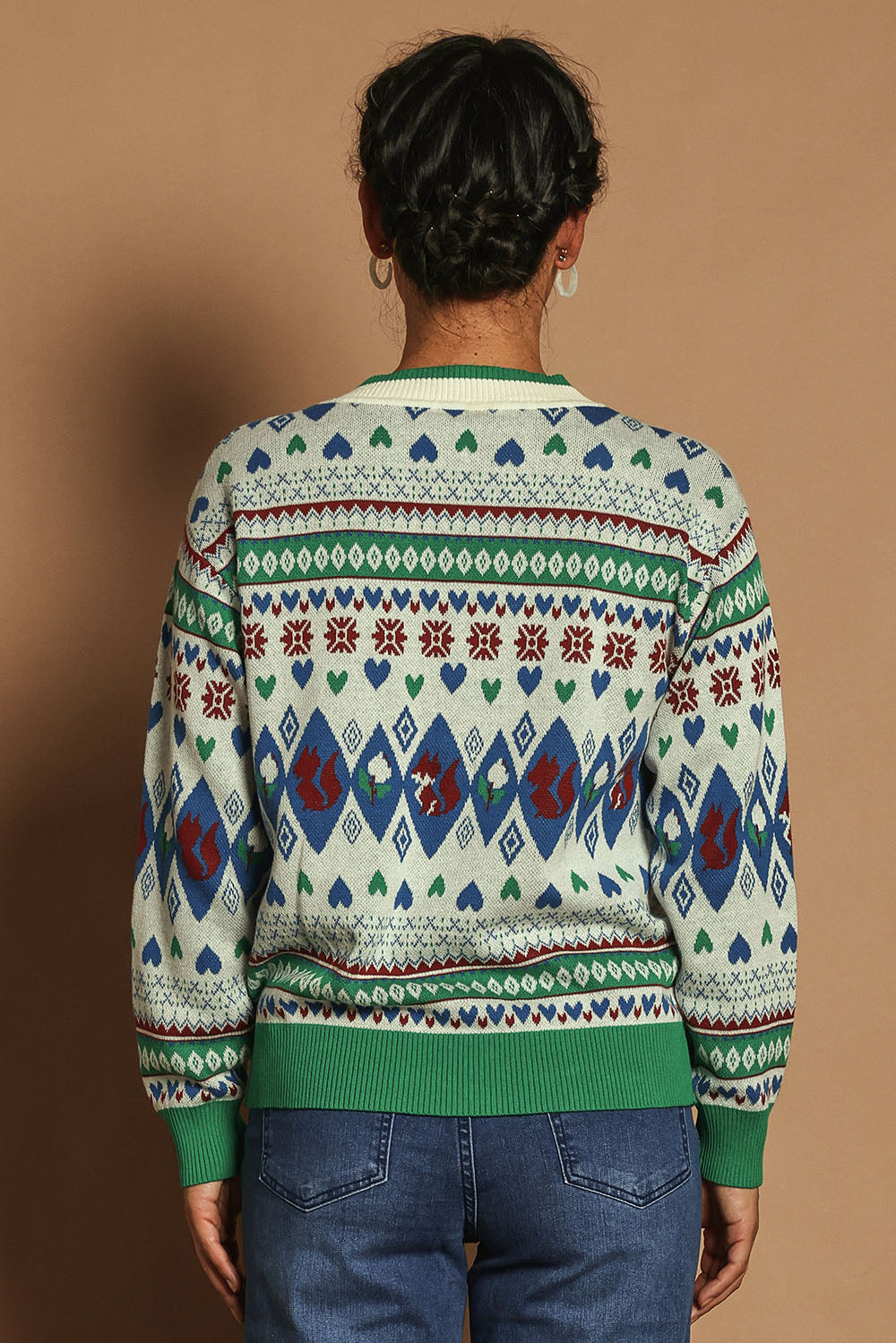 Model Katie wearing size S of the V Neck Foxy Jumper in colour Foxygreen (Green), from the back