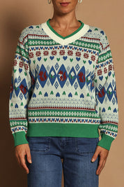 Model Katie wearing size S of the V Neck Foxy Jumper in colour Foxygreen (Green), from the front, cropped image