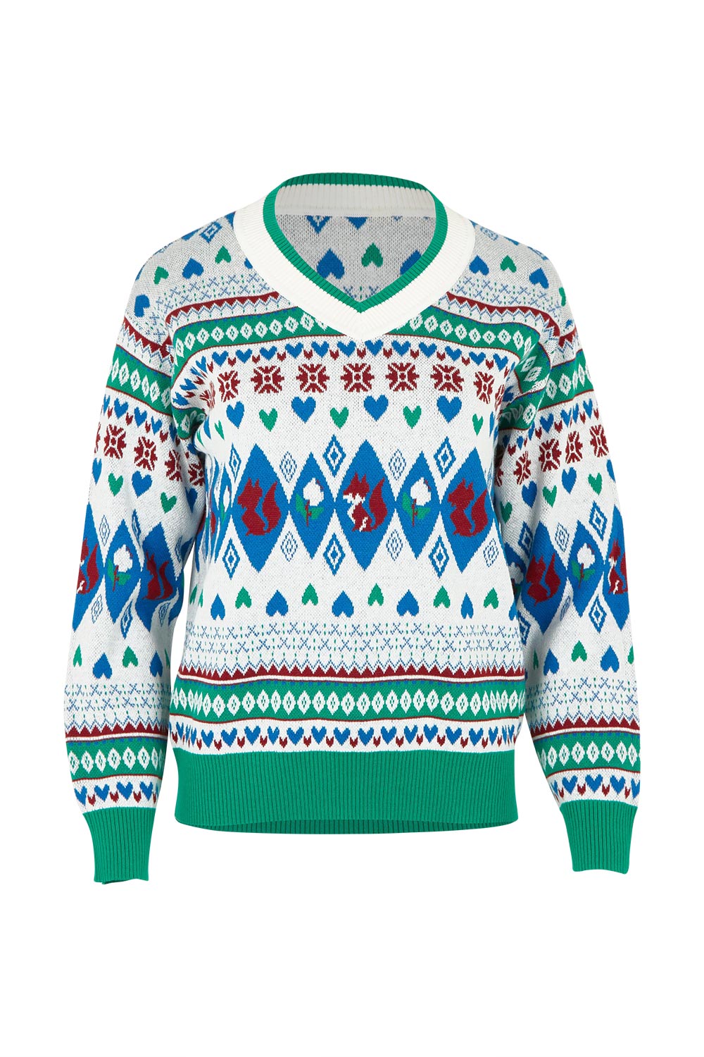 Product shot of the V Neck Foxy Jumper in colour Foxygreen (Green), from the front