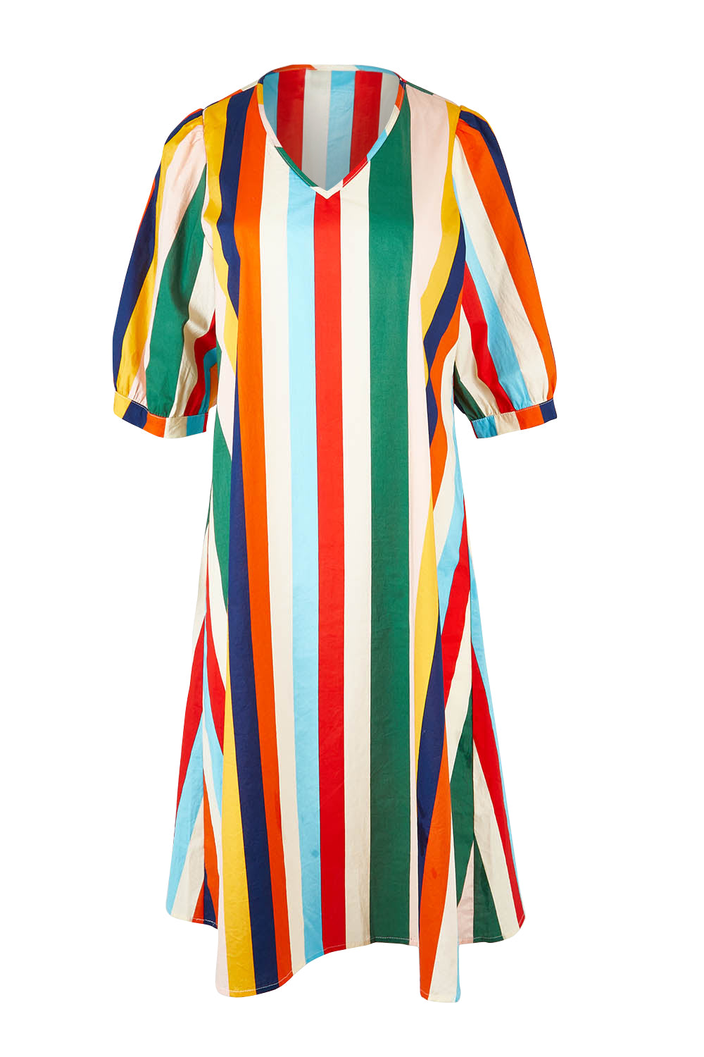 Product shot of the V Neck Flounce Sleeve Dress in colour Striped (Blue), from the front