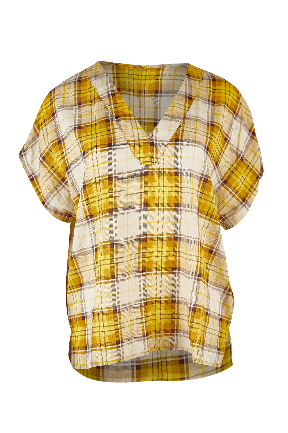 Product shot of the V Neck Check Top in colour Citruschec, from the front