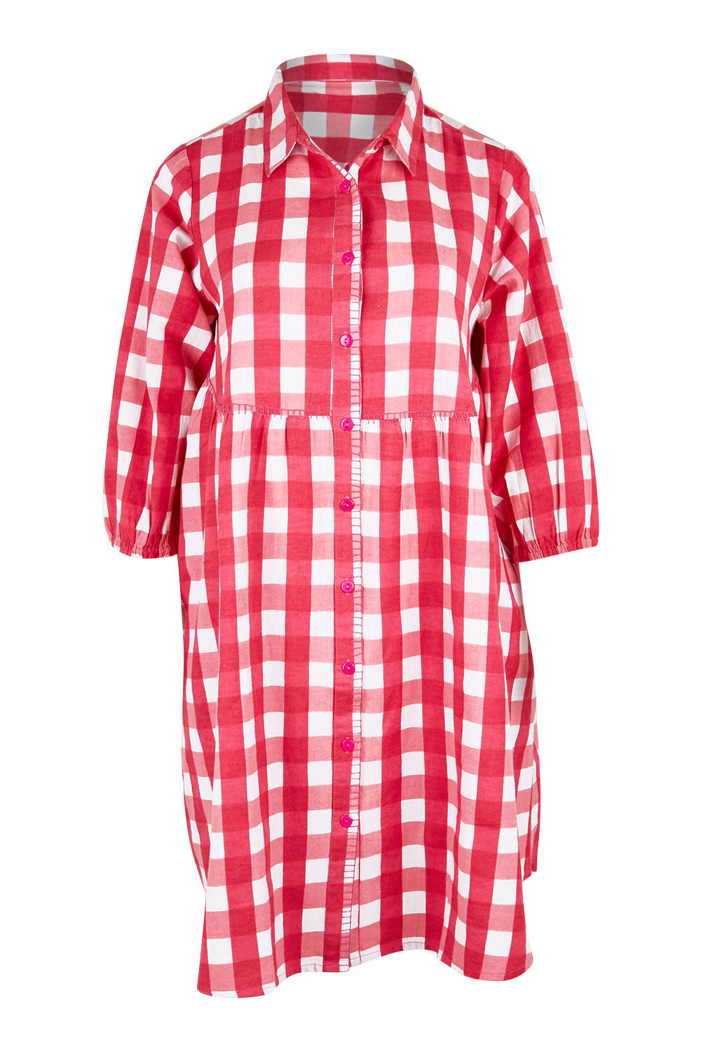 Product shot of the Printed Waist Detail Dress in colour Berrycheck (Pink), from the front