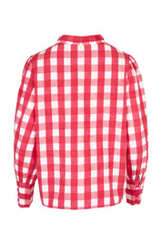 Product shot of the Printed Tie Neck Blouse in colour Berrycheck (Pink), from the back