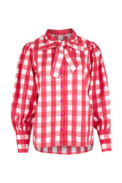 Product shot of the Printed Tie Neck Blouse in colour Berrycheck (Pink), from the front