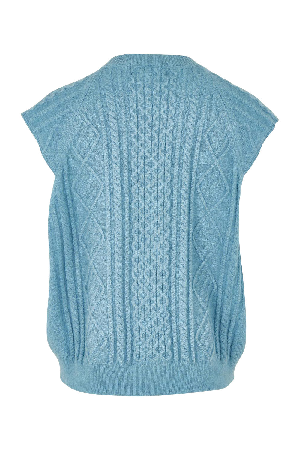 Product shot of the Cable Vest in colour Bluehaze (Blue), from the back