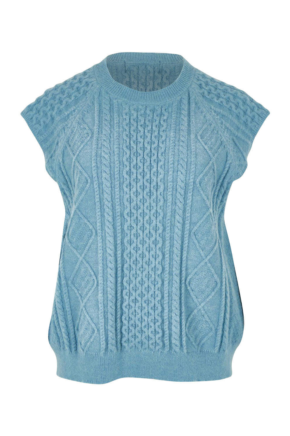 Product shot of the Cable Vest in colour Bluehaze (Blue), from the front