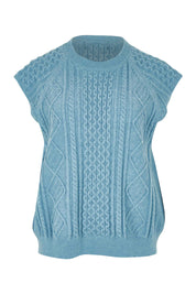 Product shot of the Cable Vest in colour Bluehaze (Blue), from the front