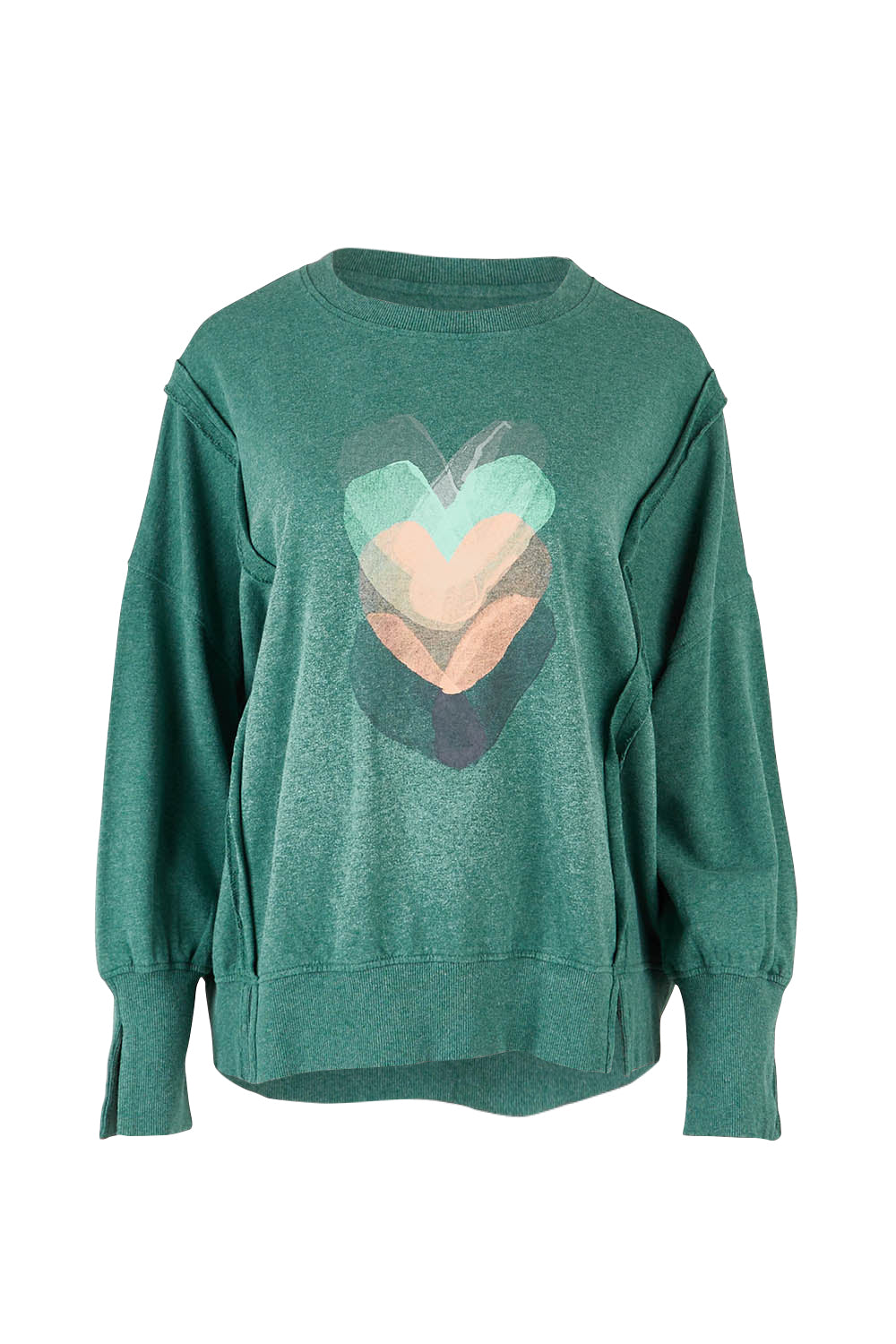 Product shot of the Heart Cotton Sweater in colour Hearts (Green), from the front