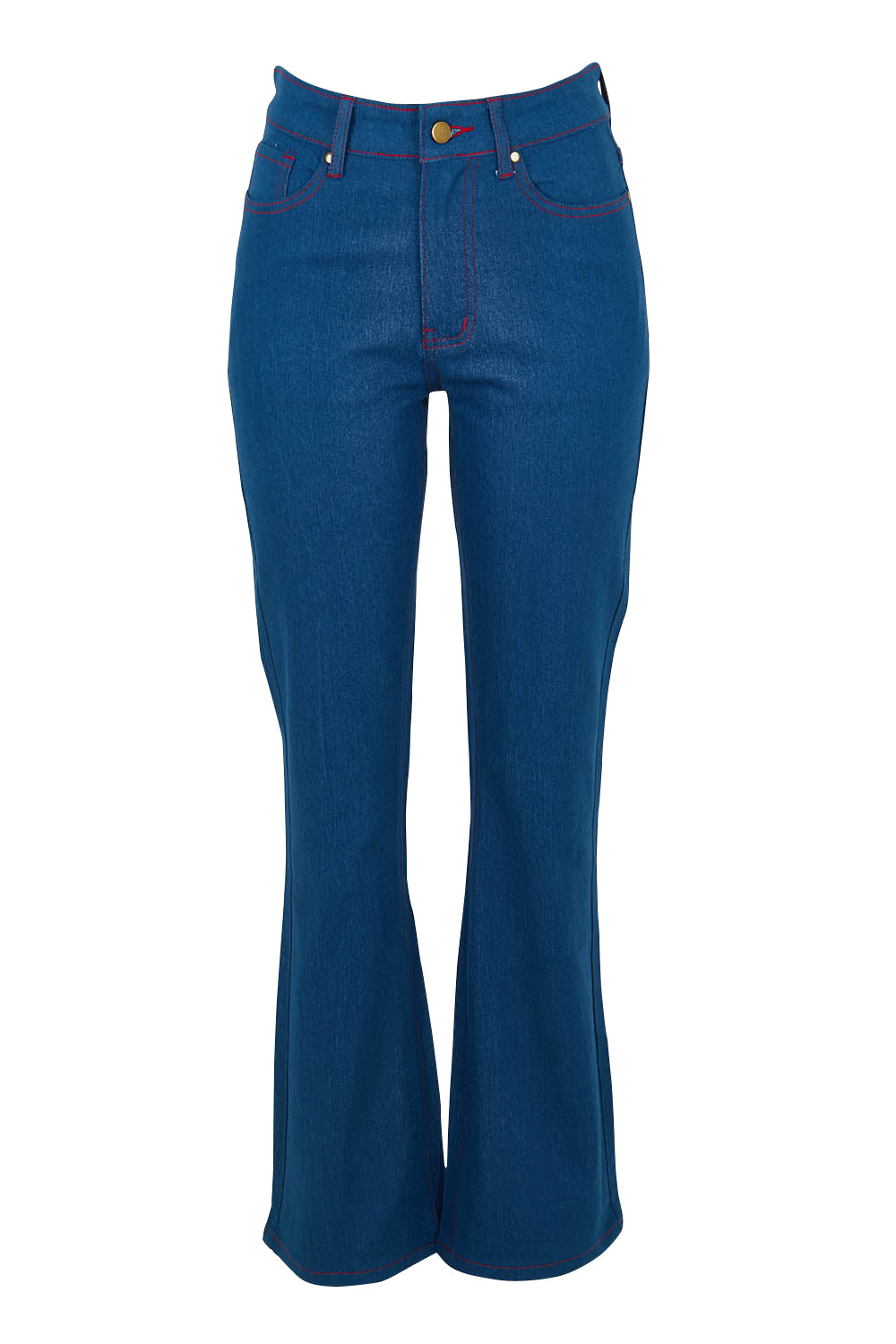 Product shot of the Bell Bottom Jeans in colour Middenim (Blue), from the front