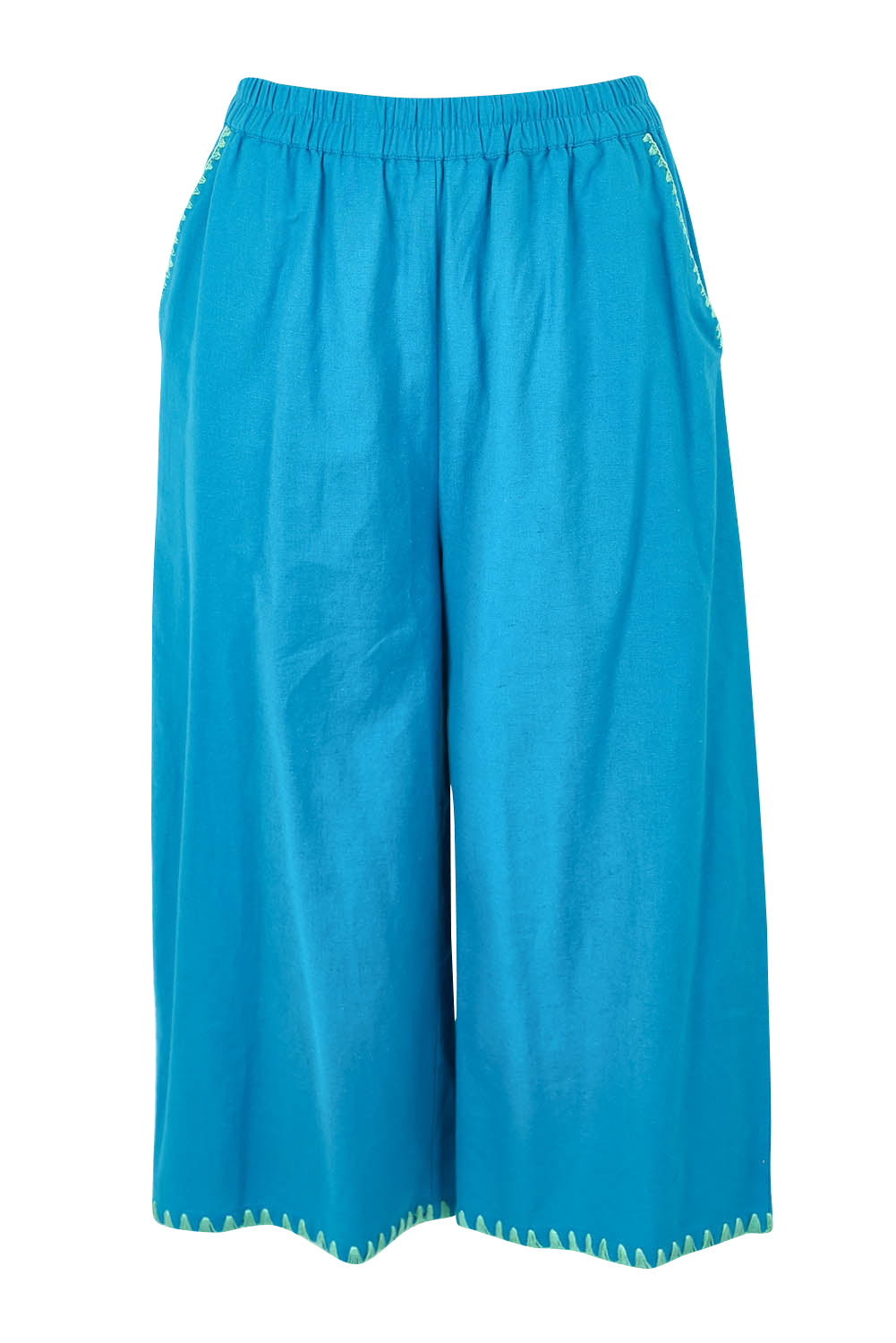 Product shot of the Crochet Pocket Cotton Pant in colour Oceanblue (Blue), from the front