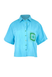 Product shot of the Crochet Pocket Cotton Shirt in colour Skyblue (Blue), from the front