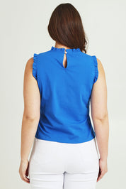 Model Jane wearing size 14 of the Cotton Frill Tank in colour Blue (Blue), from the back