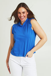Model Jane wearing size 14 of the Cotton Frill Tank in colour Blue (Blue), from the front, cropped image