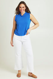 Model Jane wearing size 14 of the Cotton Frill Tank in colour Blue (Blue), from the front, showing the whole outfit