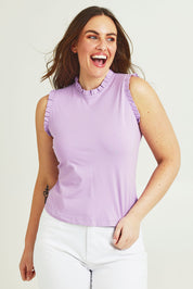 Model Jane wearing size 14 of the Cotton Frill Tank in colour Lilac (Purple), from the front, cropped image