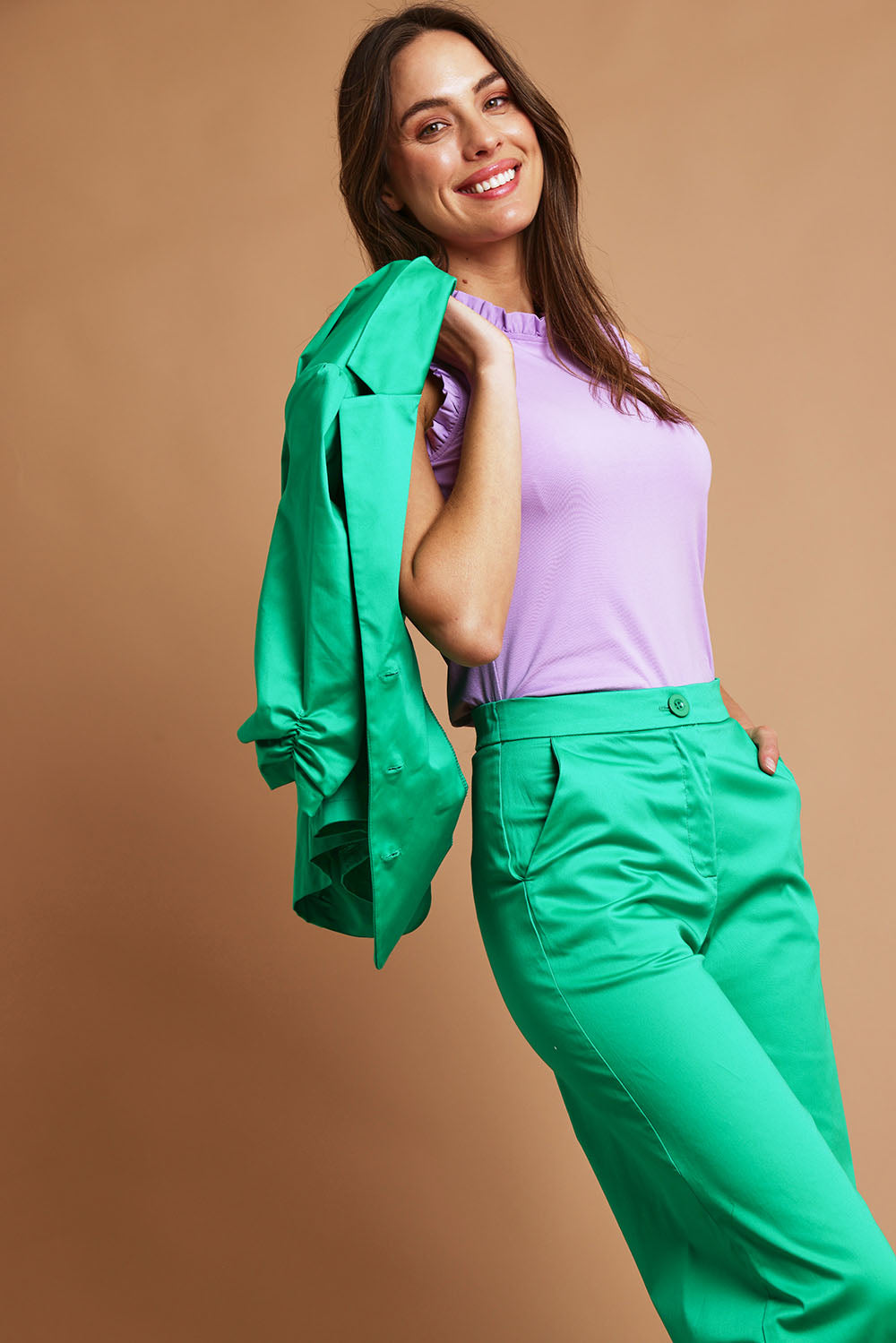 Model Madeline wearing size 10 of the Cotton Frill Tank in colour Lilac (Purple), from the front, showing the whole outfit