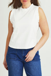 Model Jane wearing size 14 of the Cotton Frill Tank in colour White (White), from the front, cropped image