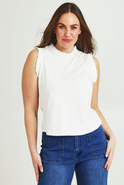 Model Jane wearing size 14 of the Cotton Frill Tank in colour White (White), from the front, cropped image