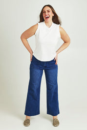 Model Jane wearing size 14 of the Cotton Frill Tank in colour White (White), from the front, showing the whole outfit