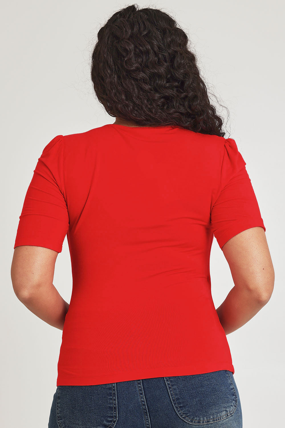 Model Terri-Leigh wearing size 14 of the Bamboo Wrap Top in colour Cherry (Red), from the back