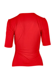Product shot of the Bamboo Wrap Top in colour Cherry (Red), from the back