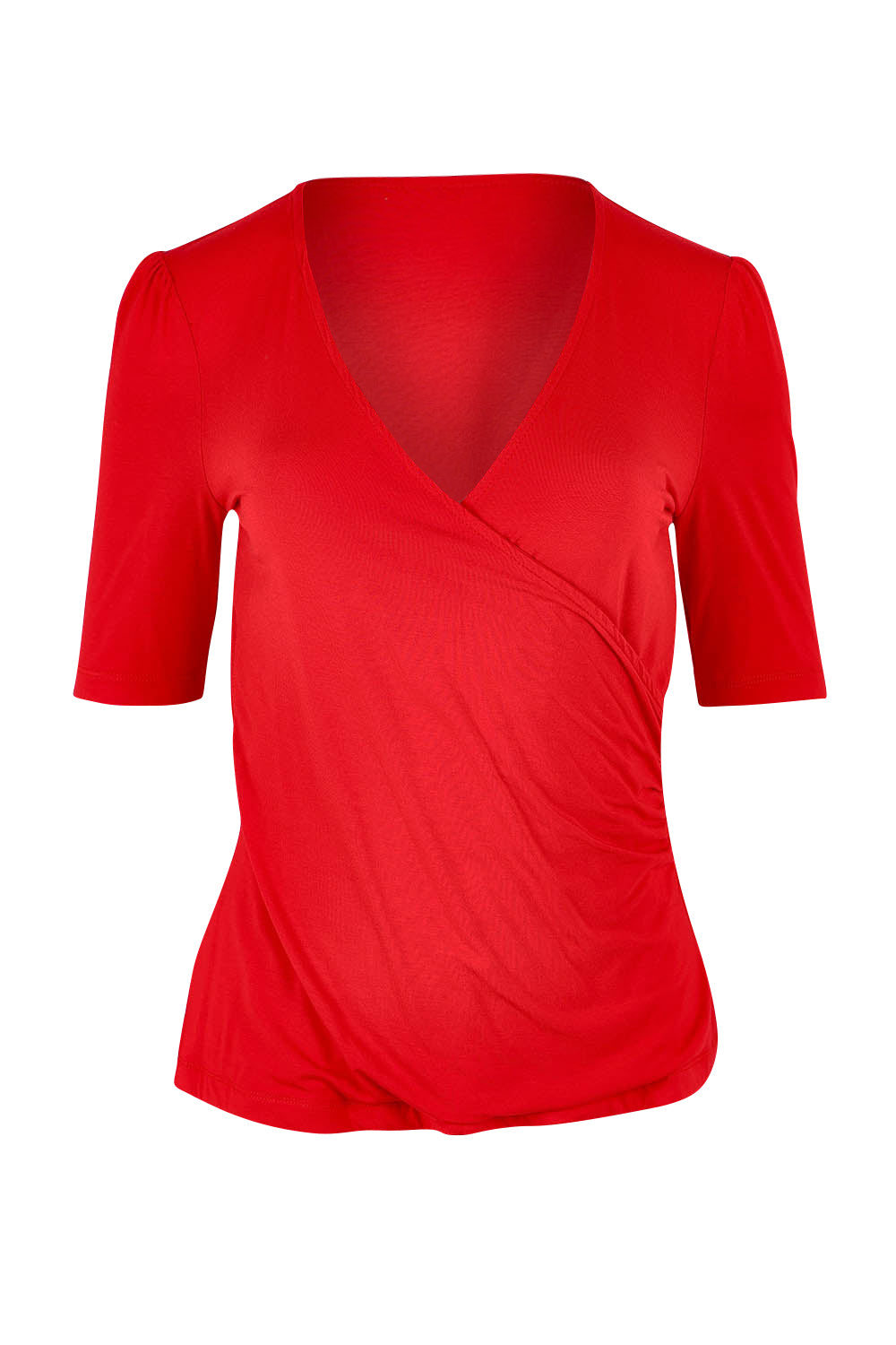 Product shot of the Bamboo Wrap Top in colour Cherry (Red), from the front
