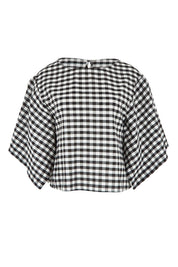 Product shot of the Yarn Dyed Cotton Wide Sleeve Top in colour Gingham (Black), from the front