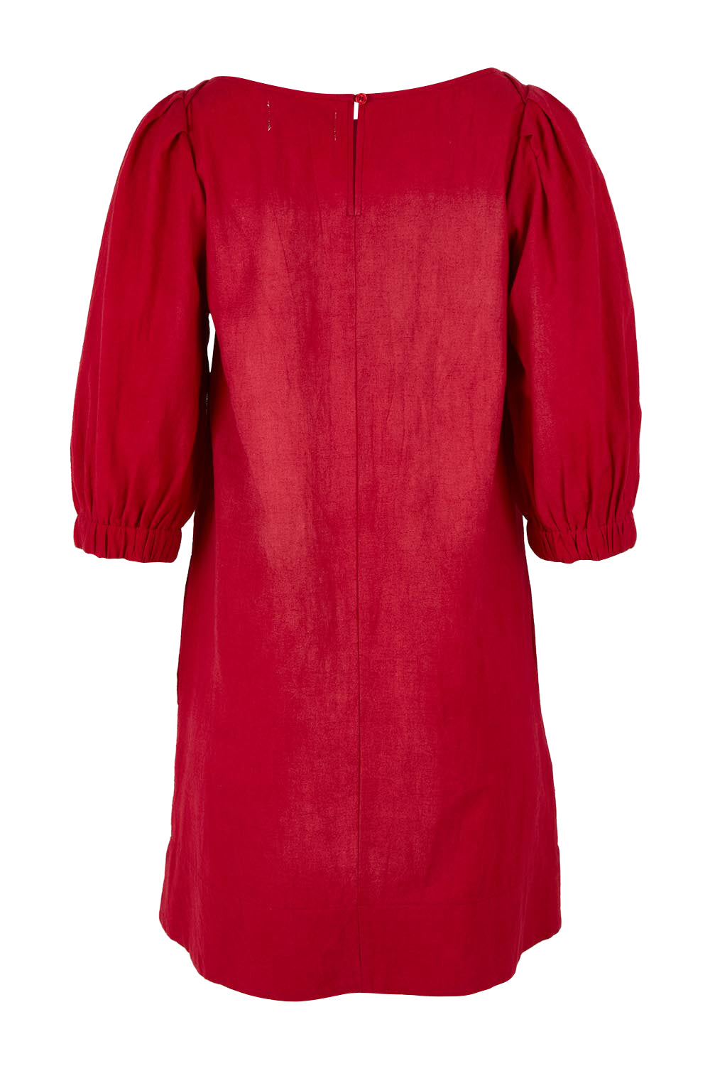 Product shot of the Puff Sleeve Cotton Dress in colour Ribbonred (Red), from the back