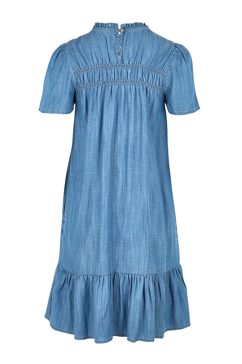 Product shot of the Frill Hem Dress in colour Blue (Blue), from the back