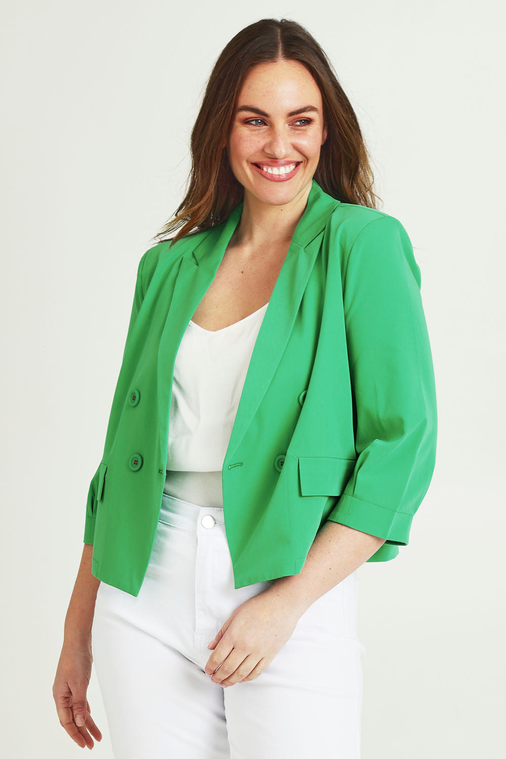Model Jane wearing size 14 of the Double Breasted Blazer in colour Applegrn (Green), from the front, cropped image