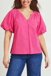 Model Jane wearing size 14 of the Puff Sleeve Cotton Shirt in colour Carnation (Pink), from the front, cropped image