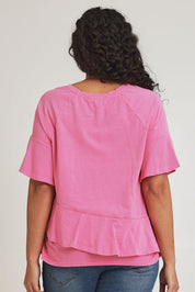 Model Terri-Leigh wearing size 14 of the Asymmetrical Frill Cotton Top in colour Pink (Pink), from the back
