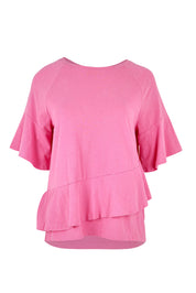 Product shot of the Asymmetrical Frill Cotton Top in colour Pink (Pink), from the front