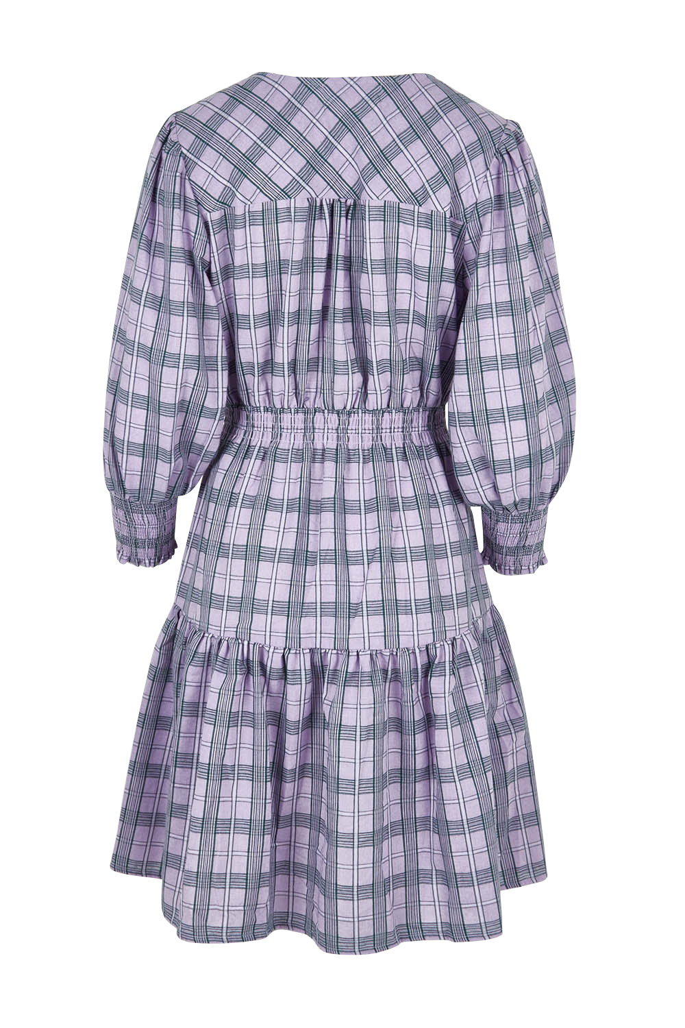 Product shot of the Peggy Shirred Waist Cotton Dress in colour Check (Purple), from the back