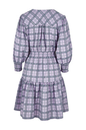 Product shot of the Peggy Shirred Waist Cotton Dress in colour Check (Purple), from the back