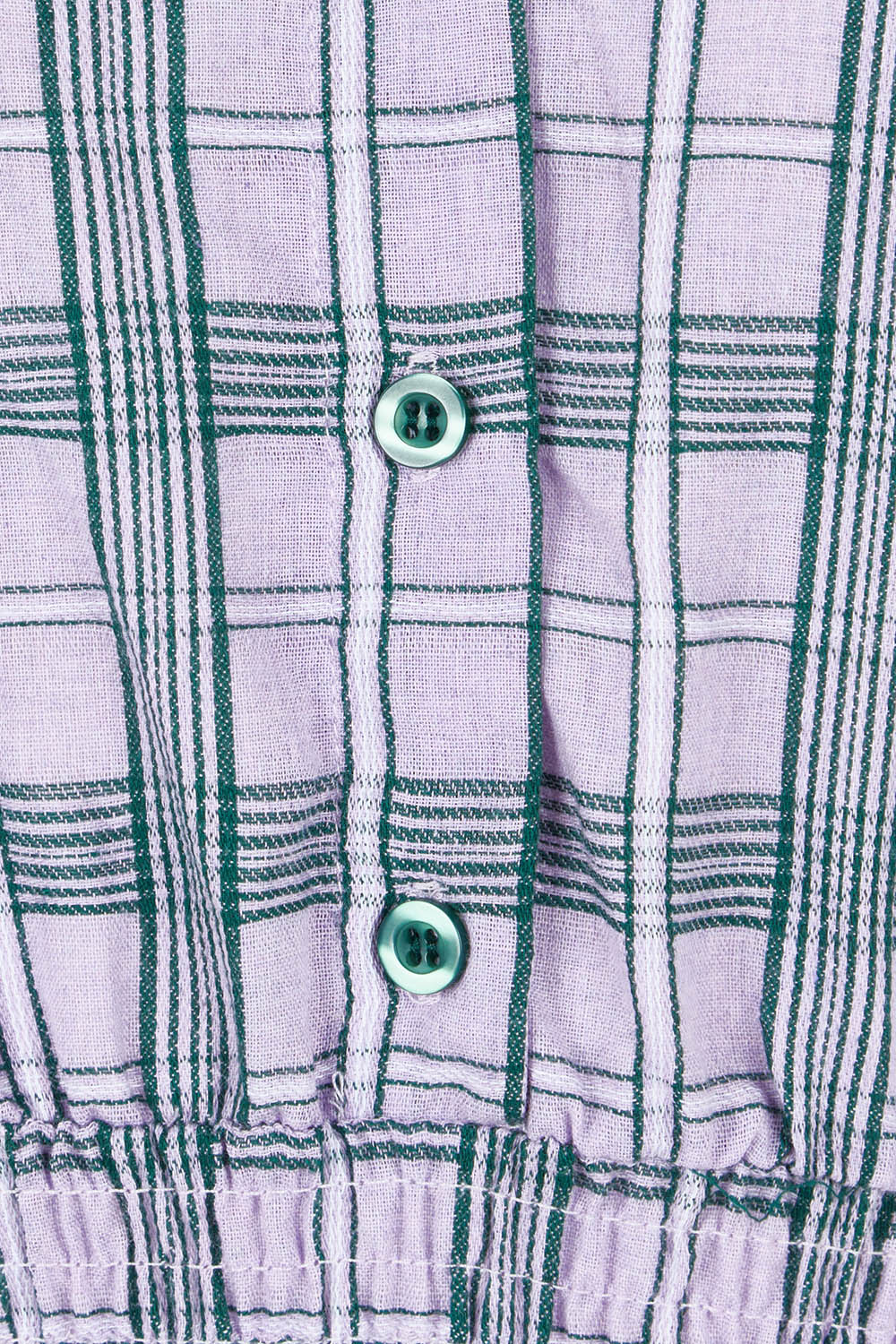 Product shot of the Peggy Shirred Waist Cotton Dress in colour Check (Purple), detail