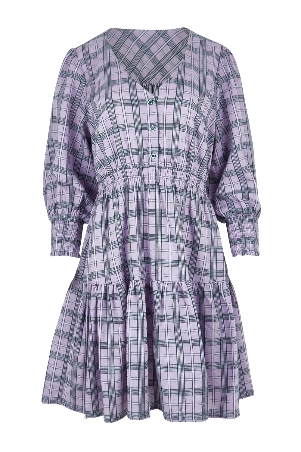 Product shot of the Peggy Shirred Waist Cotton Dress in colour Check (Purple), from the front