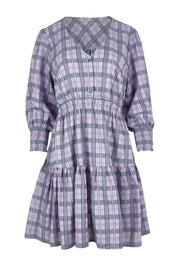 Product shot of the Peggy Shirred Waist Cotton Dress in colour Check (Purple), from the front