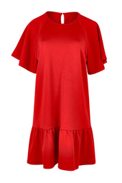 Product shot of the Flutter Sleeve Frill Hem Dress in colour Tomato (Red), from the front