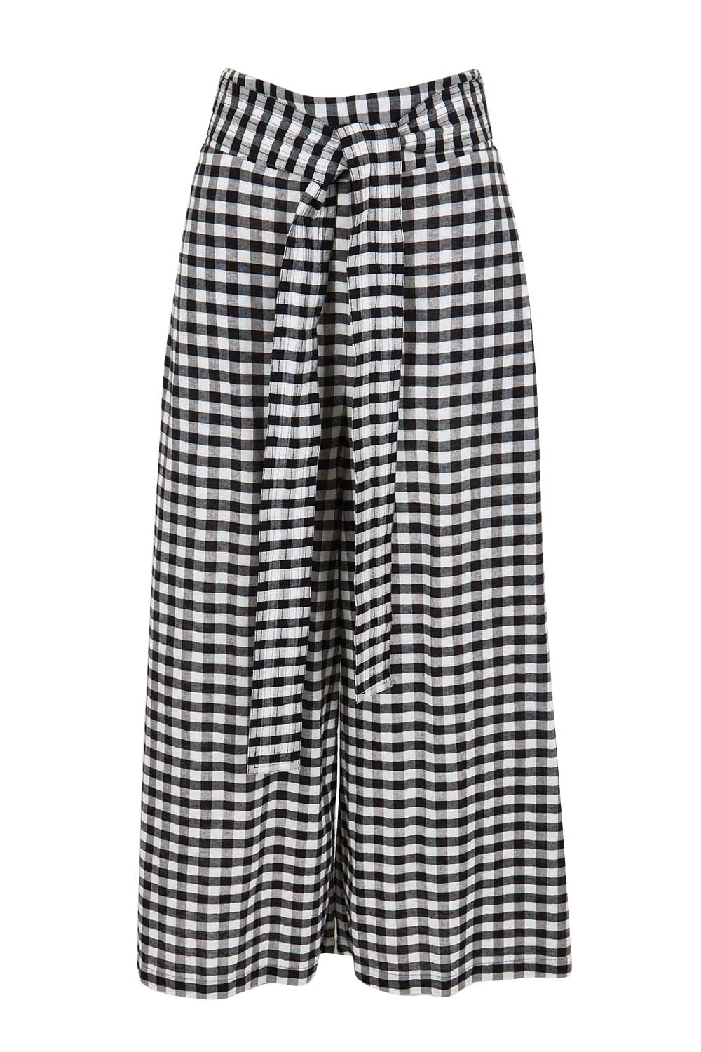 Product shot of the Cotton Waist Tie Pants – Gingham in colour Gingham, from the front