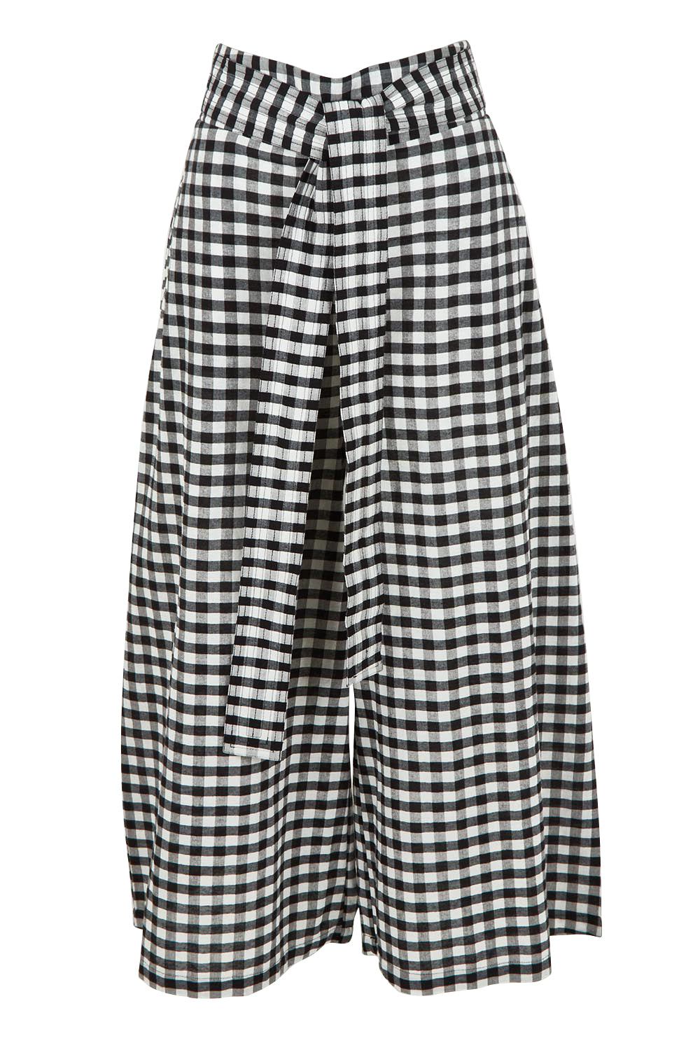 Product shot of the Cotton Waist Tie Pants in colour Gingham (Black), from the front
