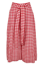 Product shot of the Cotton Waist Tie Pants in colour Ginghamred (Red), from the front