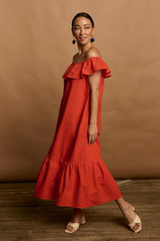 Model Katie wearing size 10 of the On Or Off The Shoulder Cotton Dress in colour Flame (Red), from the front, showing the whole outfit