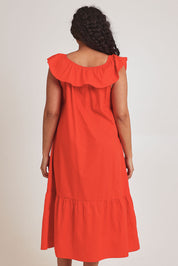 Model Terri-Leigh wearing size 14 of the On Or Off The Shoulder Cotton Dress in colour Flame (Red), from the back