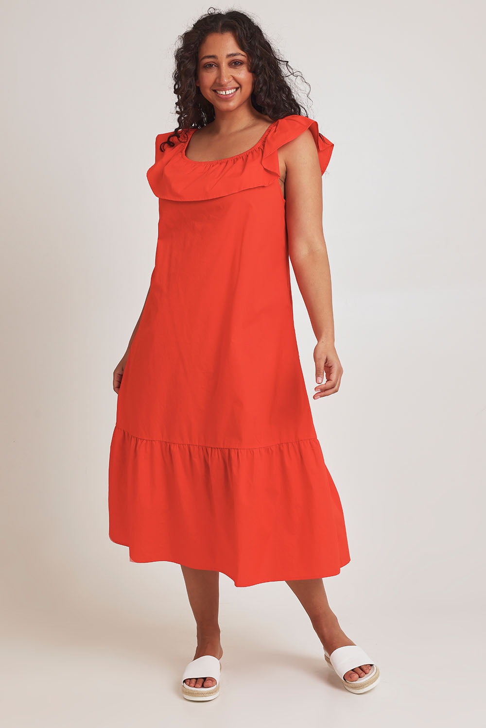 Model Terri-Leigh wearing size 14 of the On Or Off The Shoulder Cotton Dress in colour Flame (Red), from the front, showing the whole outfit