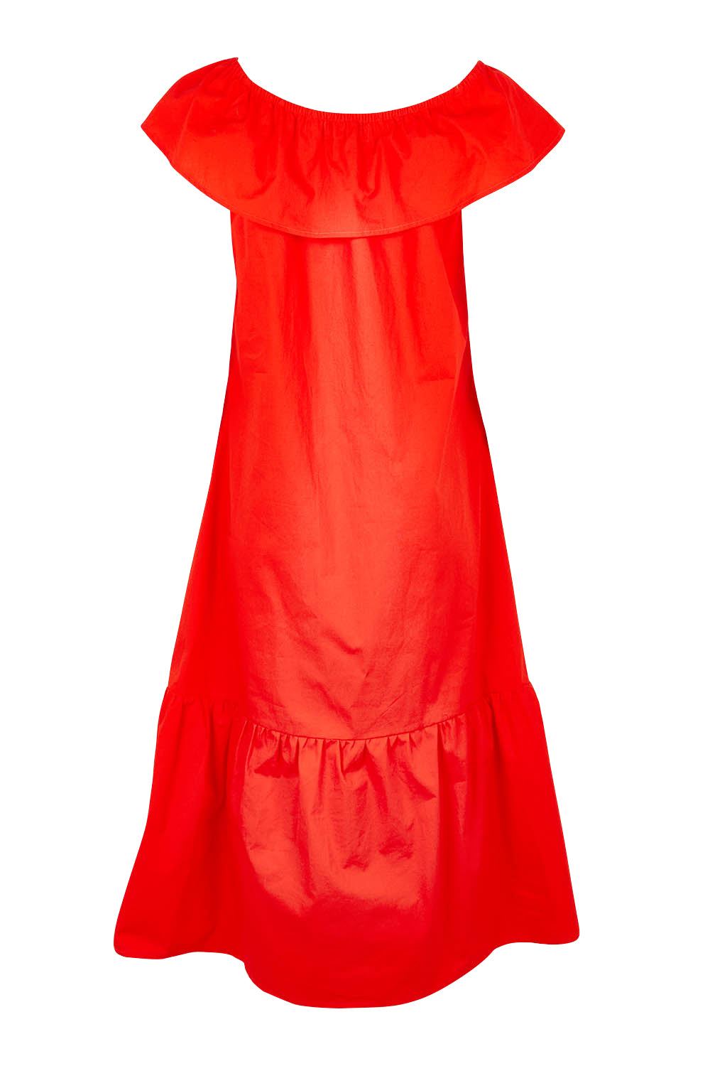Product shot of the On Or Off The Shoulder Cotton Dress in colour Flame (Red), from the back