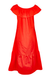 Product shot of the On Or Off The Shoulder Cotton Dress in colour Flame (Red), from the back